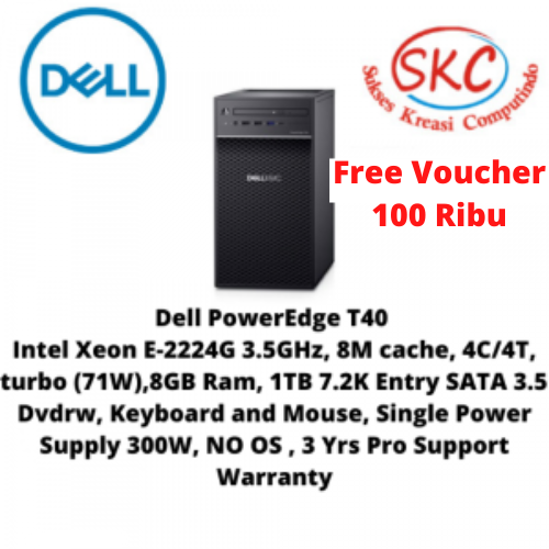 Dell PowerEdge T40 Xeon E-2224G 3.5GHz, 8M cache, 4C/4T,8GB,1TB,No OS