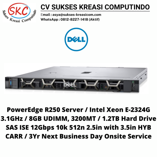PowerEdge R250 Server / Intel Xeon E-2324G 3.1GHz / 8GB UDIMM, 3200MT / 1.2TB Hard Drive SAS ISE 12Gbps 10k 512n 2.5in with 3.5in HYB CARR / 3Yr Next Business Day Onsite Service