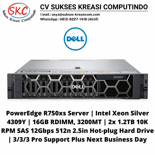 PowerEdge R750xs Server | Intel Xeon Silver 4309Y | 16GB RDIMM, 3200MT | 2x 1.2TB 10K RPM SAS 12Gbps 512n 2.5in Hot-plug Hard Drive | 3/3/3 Pro Support Plus Next Business Day