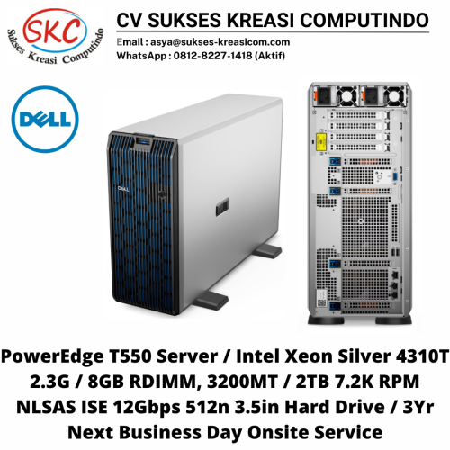 PowerEdge T550 Server / Intel Xeon Silver 4310T 2.3G / 8GB RDIMM, 3200MT / 2TB 7.2K RPM NLSAS ISE 12Gbps 512n 3.5in Hard Drive / 3Yr Next Business Day Onsite Service